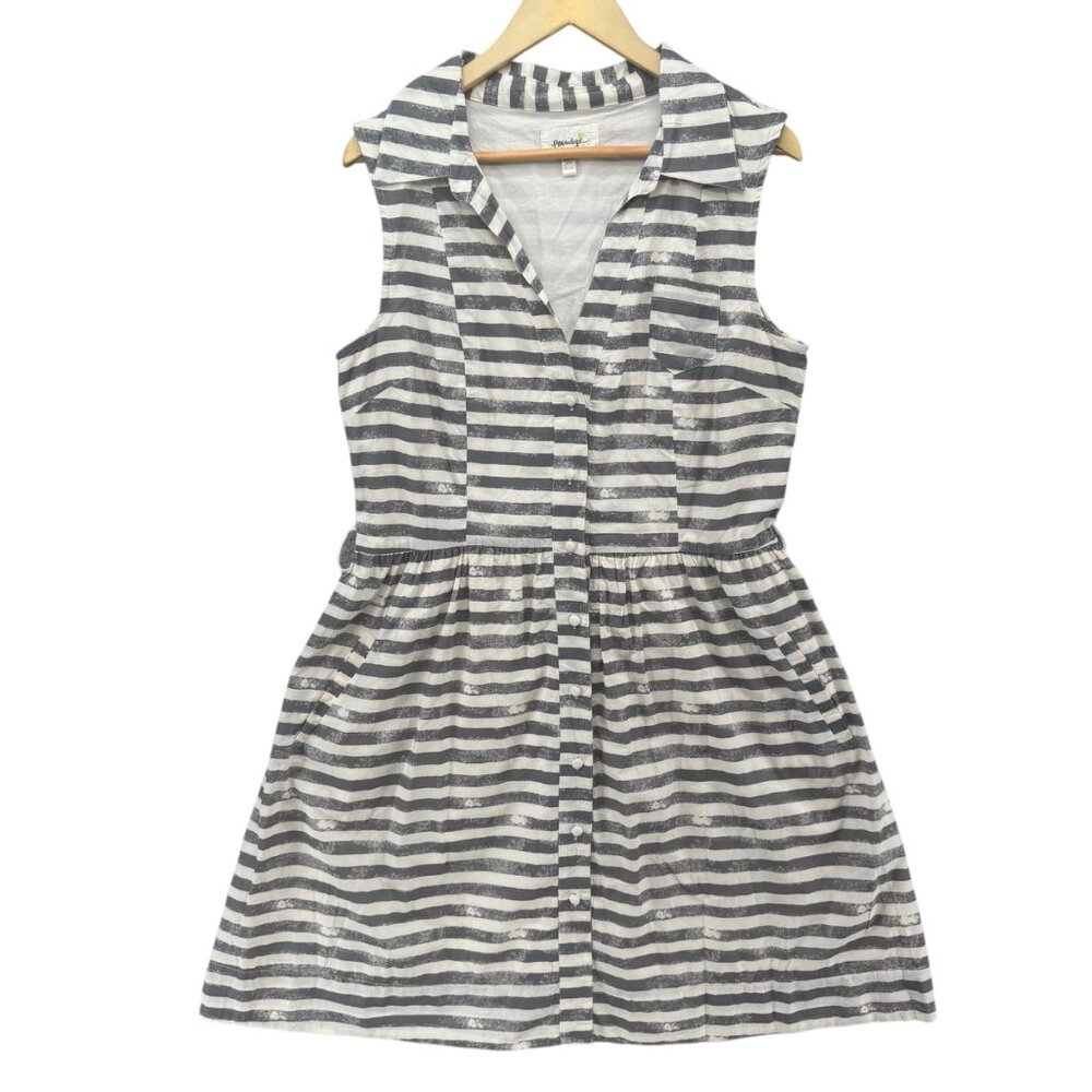 Porridge Anthropologie Shirt Dress White Grey Striped Sleeveless Button Up Sz 14